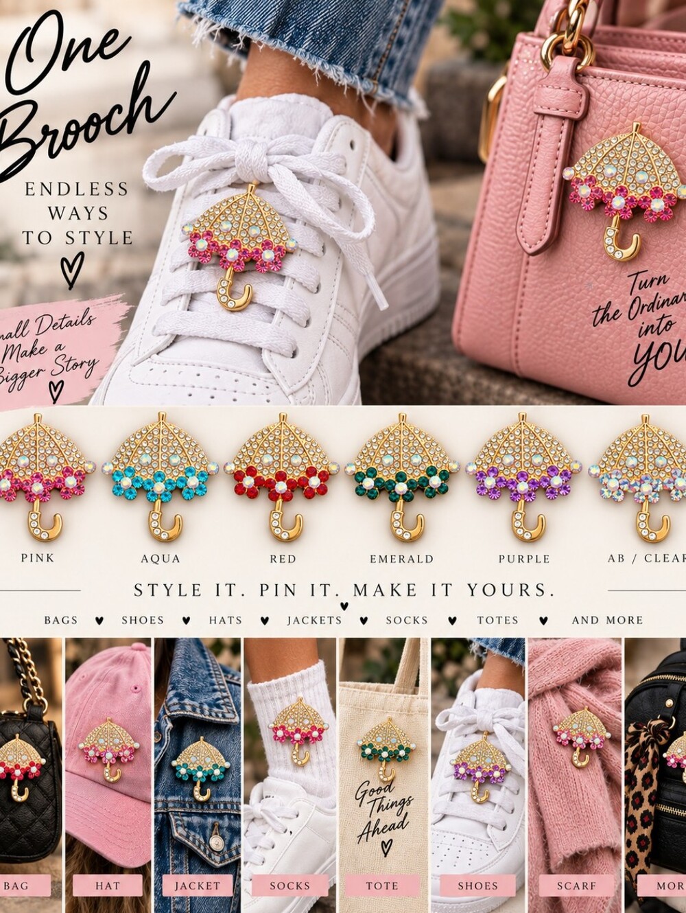 Rhinestone Umbrella Brooch Pin – Bling Shoe Bag Hat Jacket Charm – Choice of 1